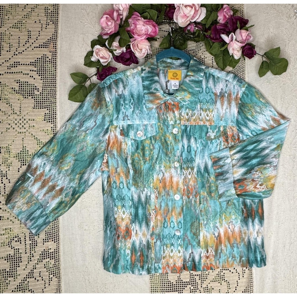 Ruby Rd. Shirt Womens 18 Teal Green Ikat Print Button Front Collar Rayon Blend